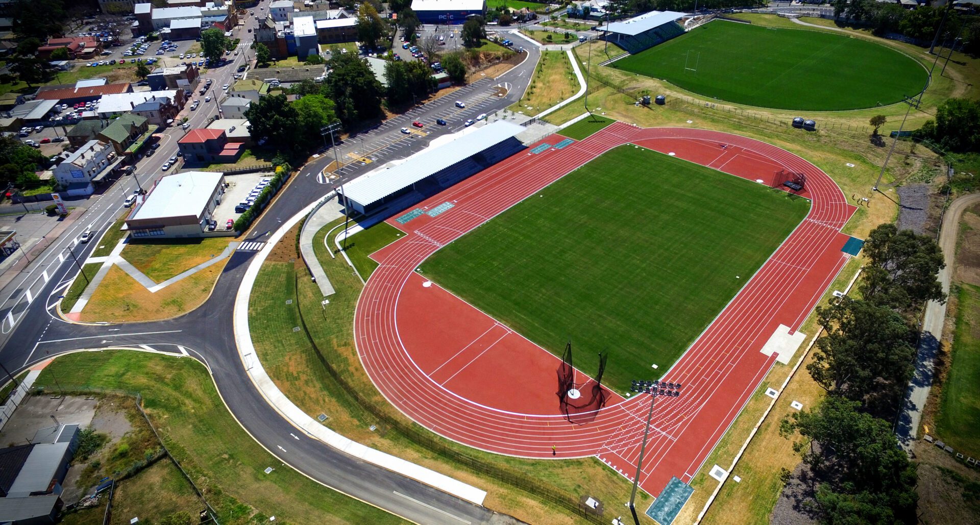 Aerial view of an athletics track